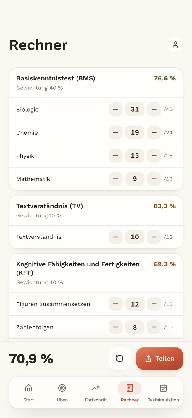 Der MedAT-Rechner in der App MedAT red