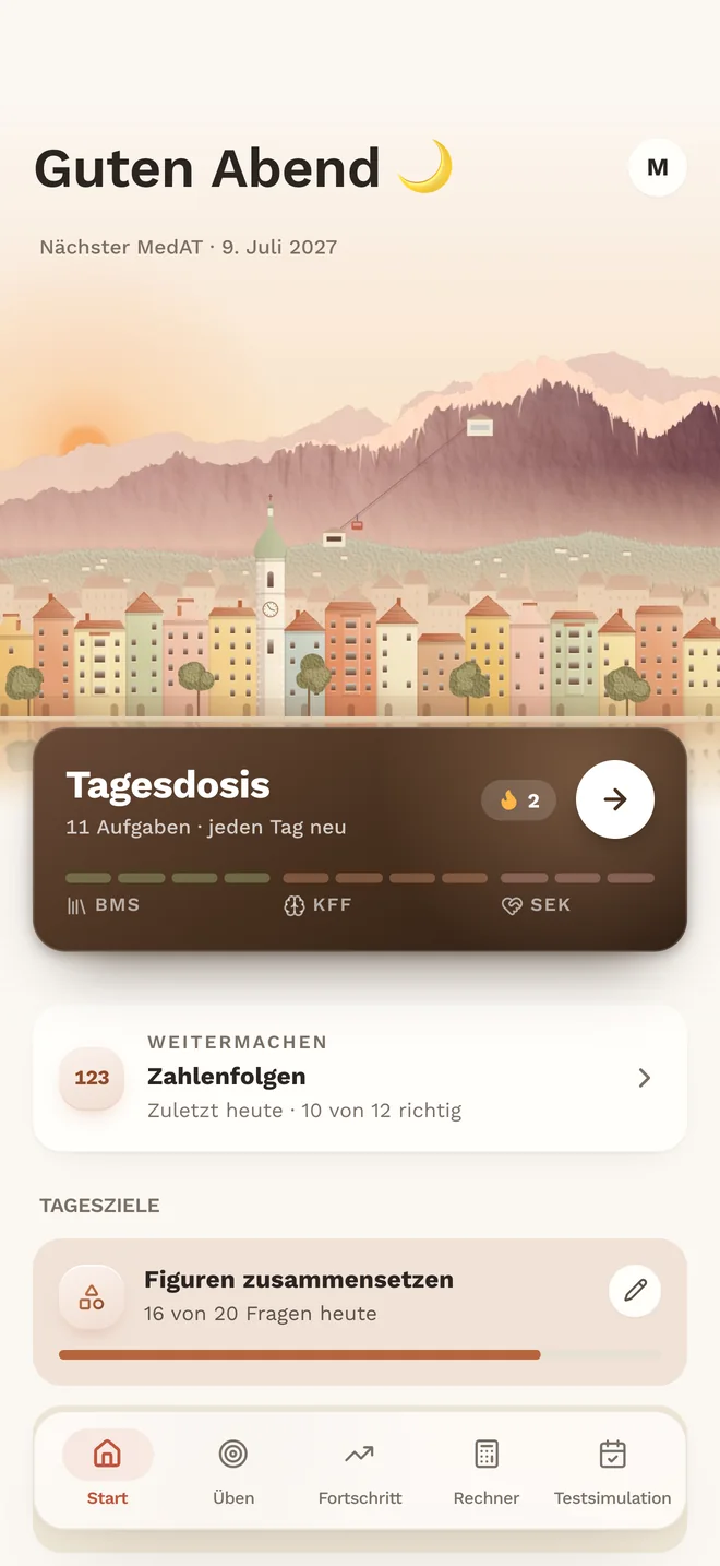 MedAT red App: Startbildschirm mit Countdown bis zum MedAT, Tagesdosis und KFF-Simulation