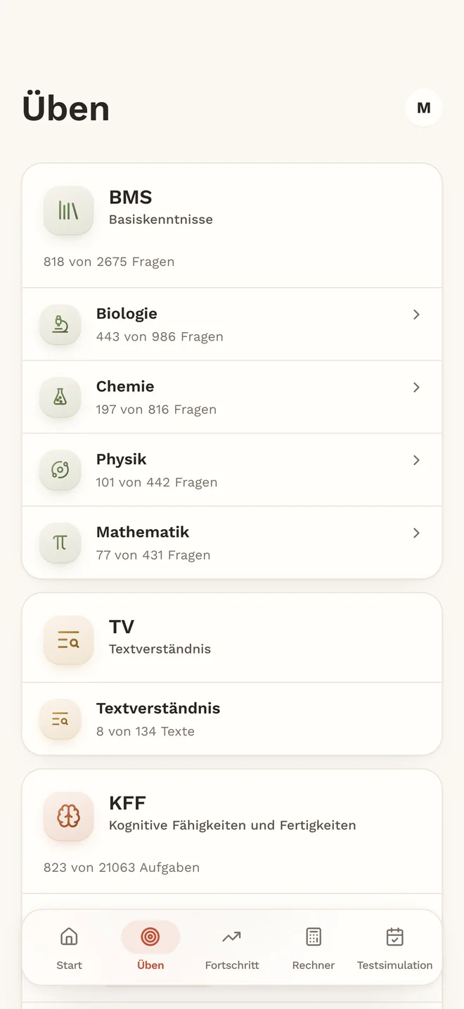 Übungsbereich der App MedAT red mit den Fächern im BMS
